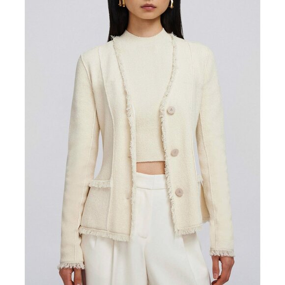 New Joie Knit Tweed Knit Fringe Trim Cardigan Blazer Ecru XS - Picture 1 of 6